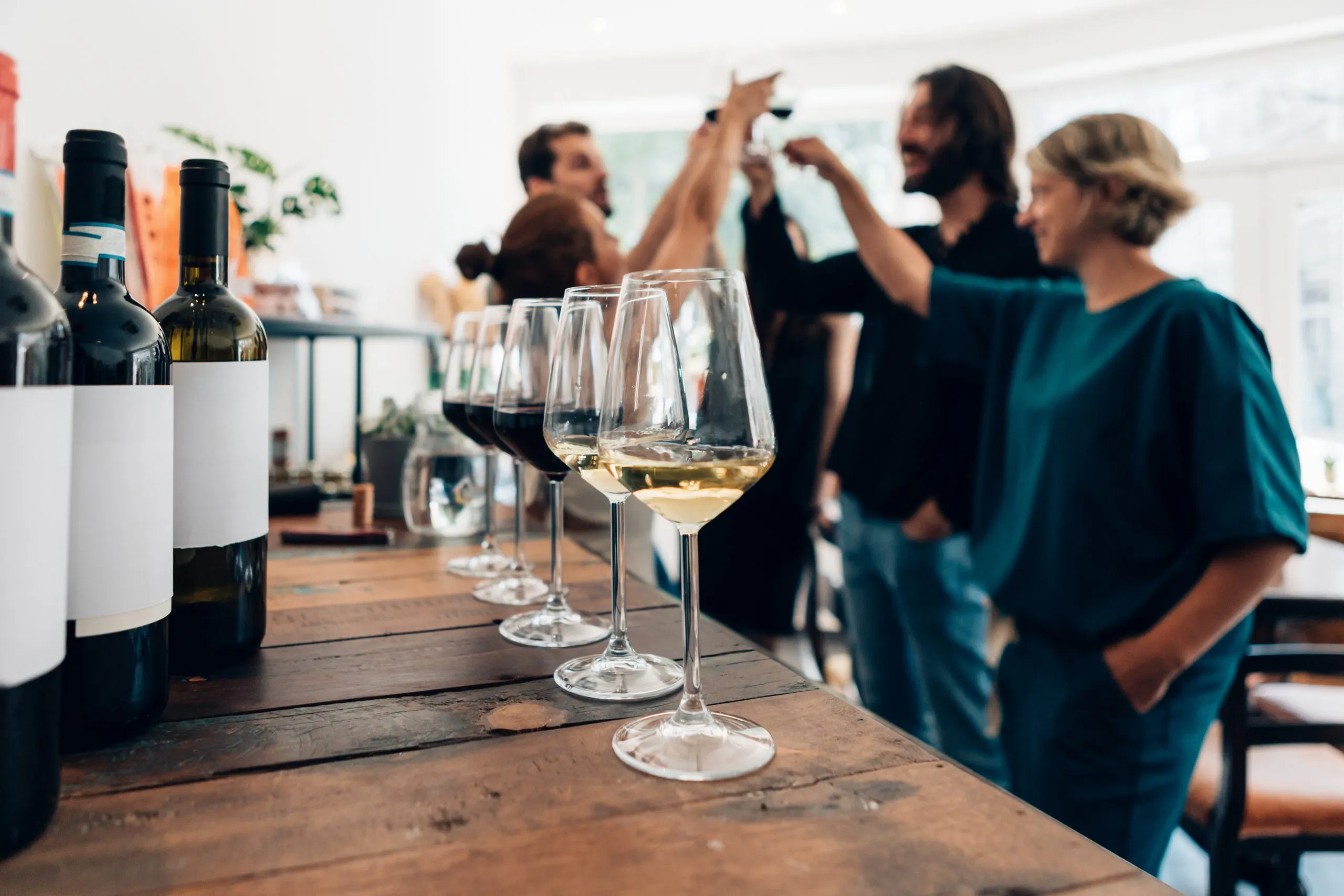 Menschen in einer Bar, die bei einem Drink entspannen - Freunde, die sich in einem Weingut unterhalten und trinken - Millennials, die bei einer Weinprobe anstoßen